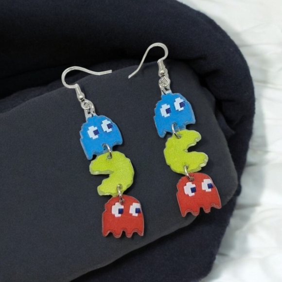 Pac-Man Arcade Game Earrings Retro Ghost Acrylic Dangle Pierced Fish Hook Gamer - Picture 4 of 5